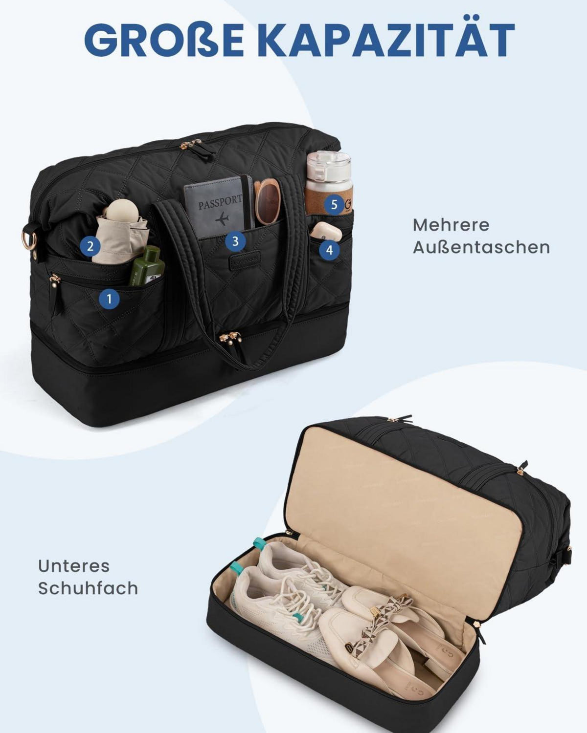Große LOVEVOOK Reisetasche Damen in Schwarz mit Schuh- und