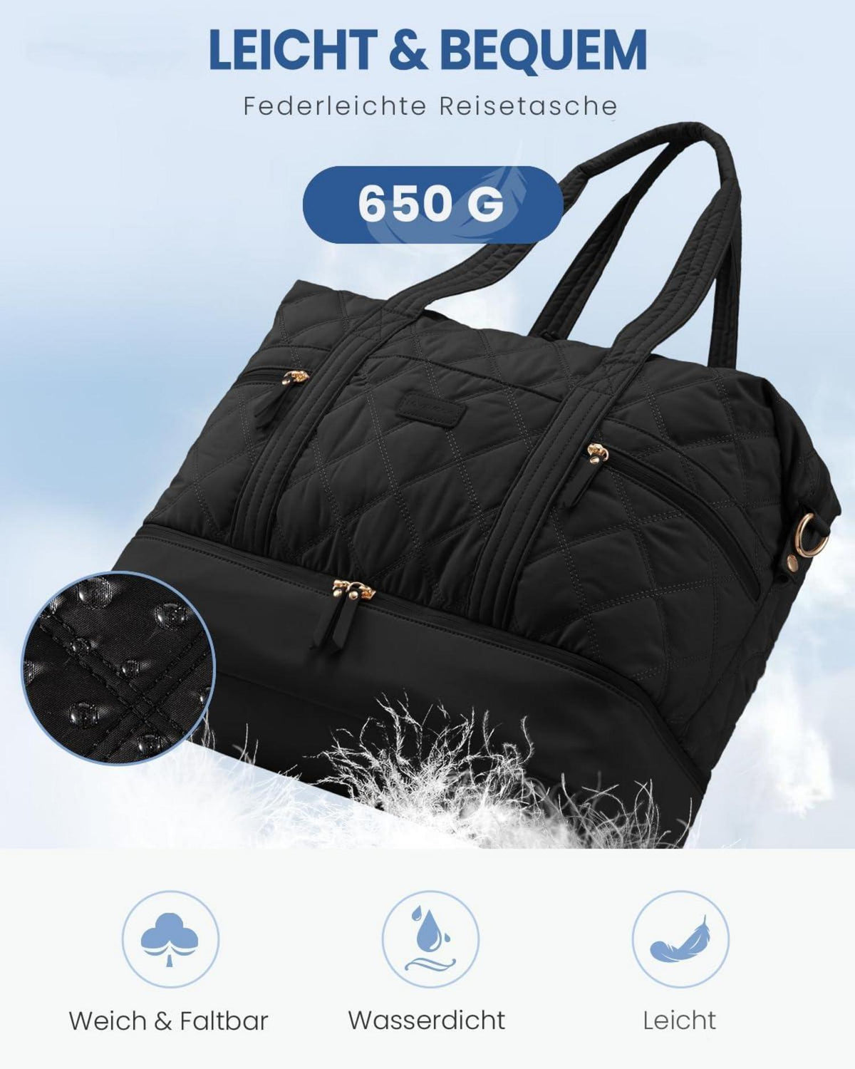Große Reisetasche Damen Schwarz Weekender mit Schuh- und Nassfach