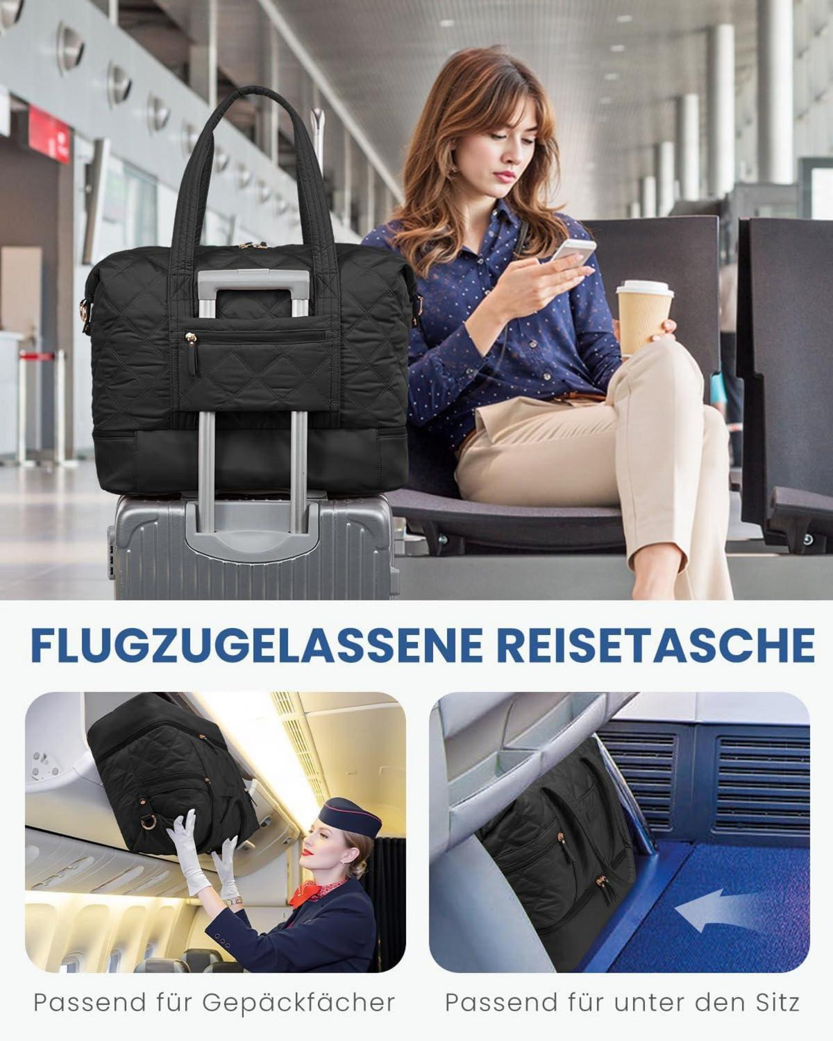 Reisetasche Damen Weekender Kliniktasche Groß Schwarz Sporttasche mit