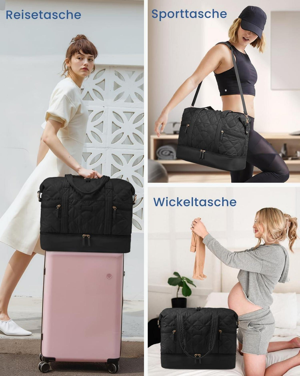 Große Reisetasche Damen Schwarz Weekender mit Schuh- und Nassfach