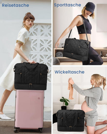 Große Reisetasche Damen Schwarz Weekender mit Schuh- und Nassfach