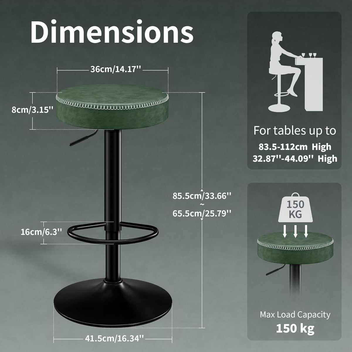2er Set Barhocker Höhenverstellbar Grün mit Fußstütze