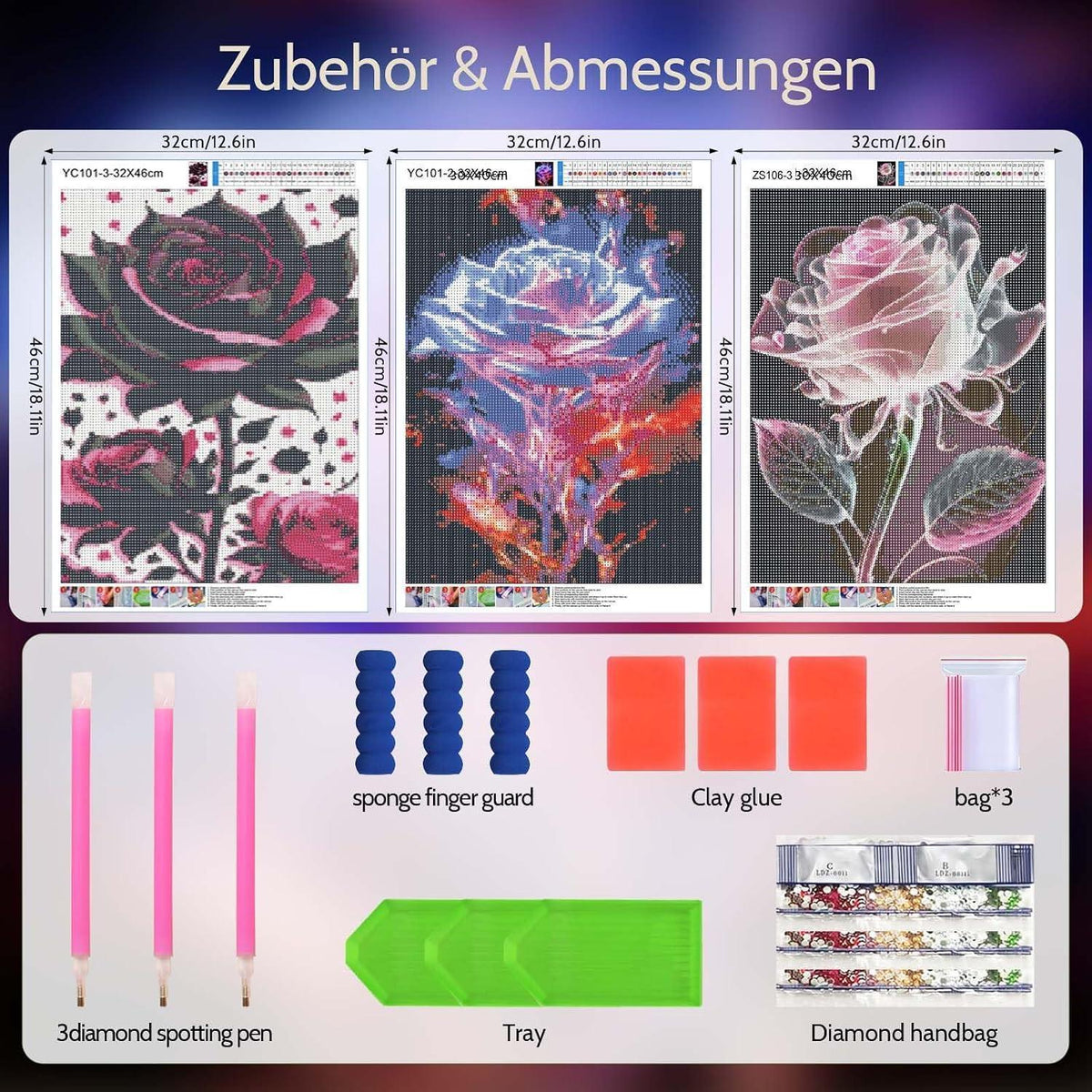 Diamond Painting Blumen 3er Set – Komplettes DIY Kit 30x40 cm