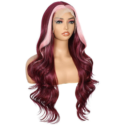Burgunder Körperwelle Spitze Front Perücke mit Pink Highlights 26 Zoll