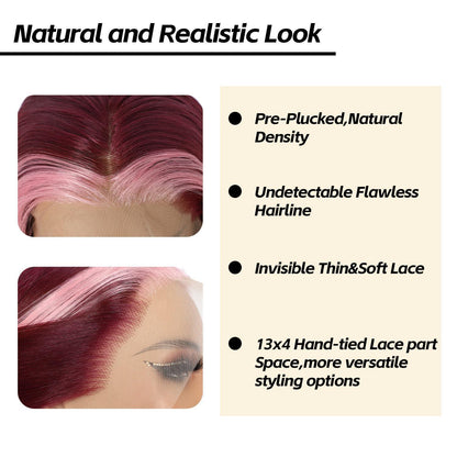 Burgunder Körperwelle Spitze Front Perücke mit Pink Highlights 26 Zoll