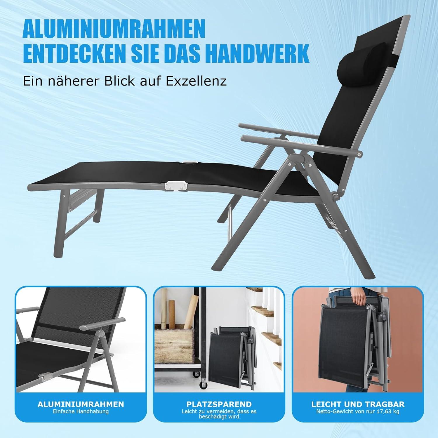 AMHANCIBLE Sonnenliege klappbar mit Verstellbarer Rückenlehne schwarz