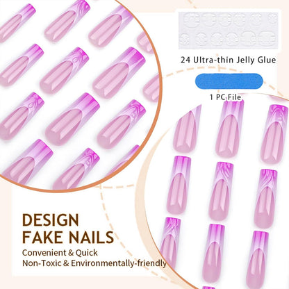 Lange Falsche Nägel Lila Pink French Tip 3D Design 24 Stück