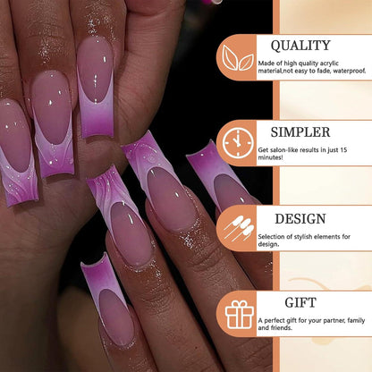 Lange Falsche Nägel Lila Pink French Tip Acrylnagel 24 Stück Squoval Design