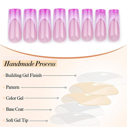 24 Stück Lange Press on Nägel Lila Pink French Tip Acryl 3D