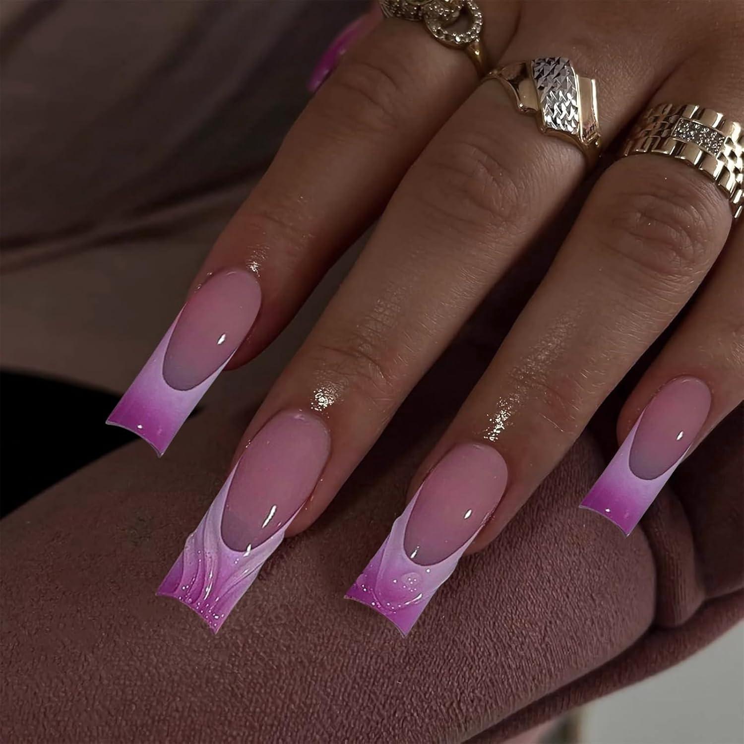 Lange Falsche Nägel Lila Pink 3D Acrylnagel Design 24 Stück