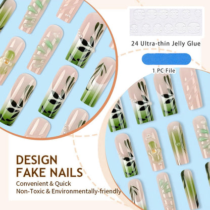 24 Stück Grüne Acrylnägel 3D Design Wasserwelle Handgemachte Maniküre