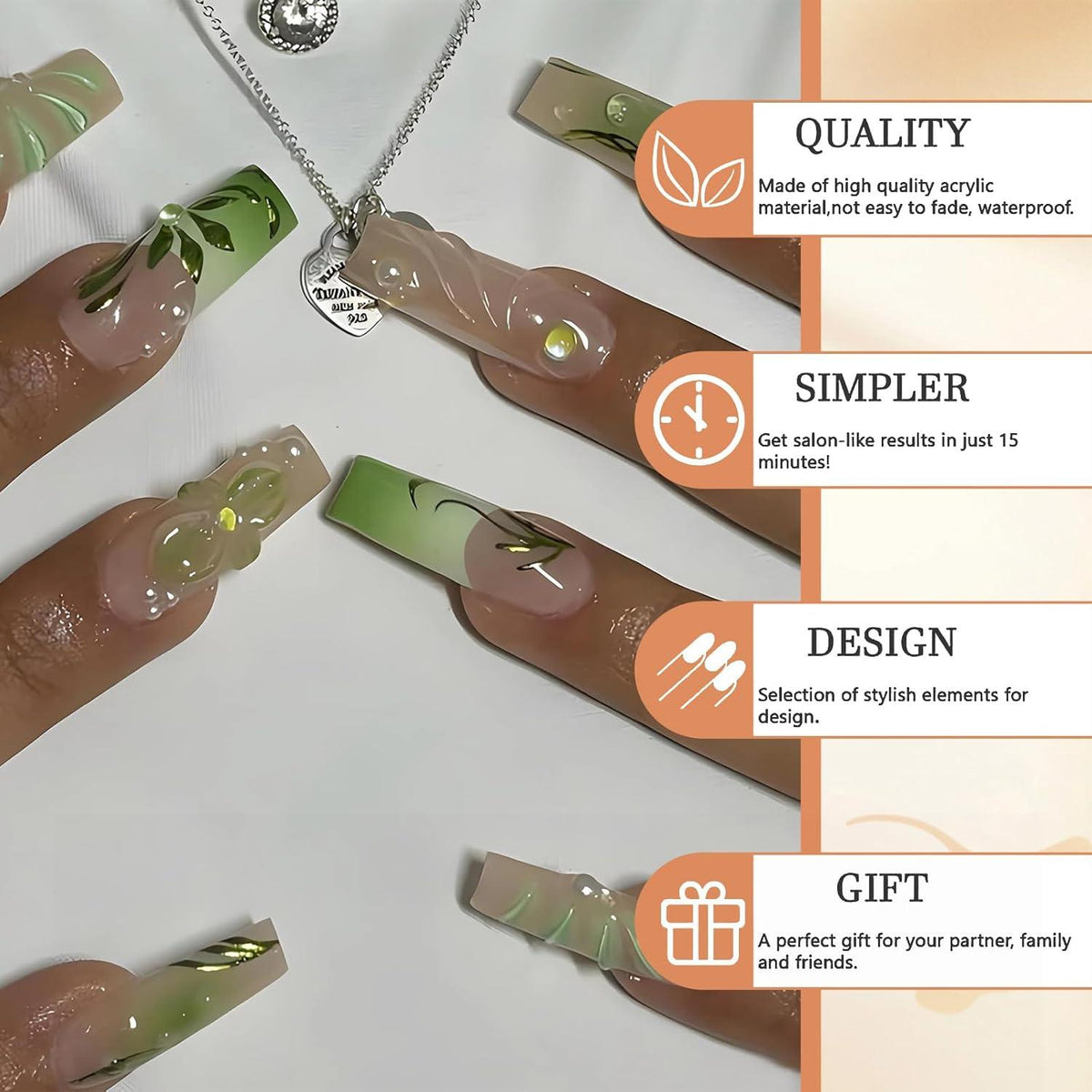 24 Stück GlamRays Grün French Tip Acrylnägel Handgemachte Falsche Nägel