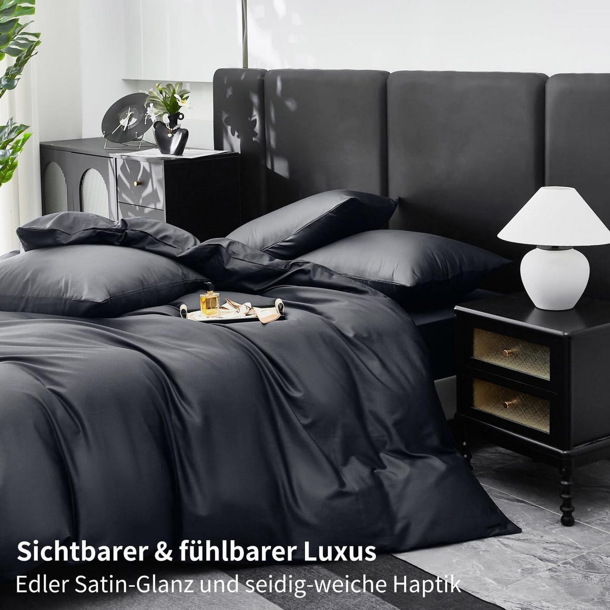 Mako Satin Bettwäsche Dunkelgrau 220x240 - 3-teilig & Kühlend