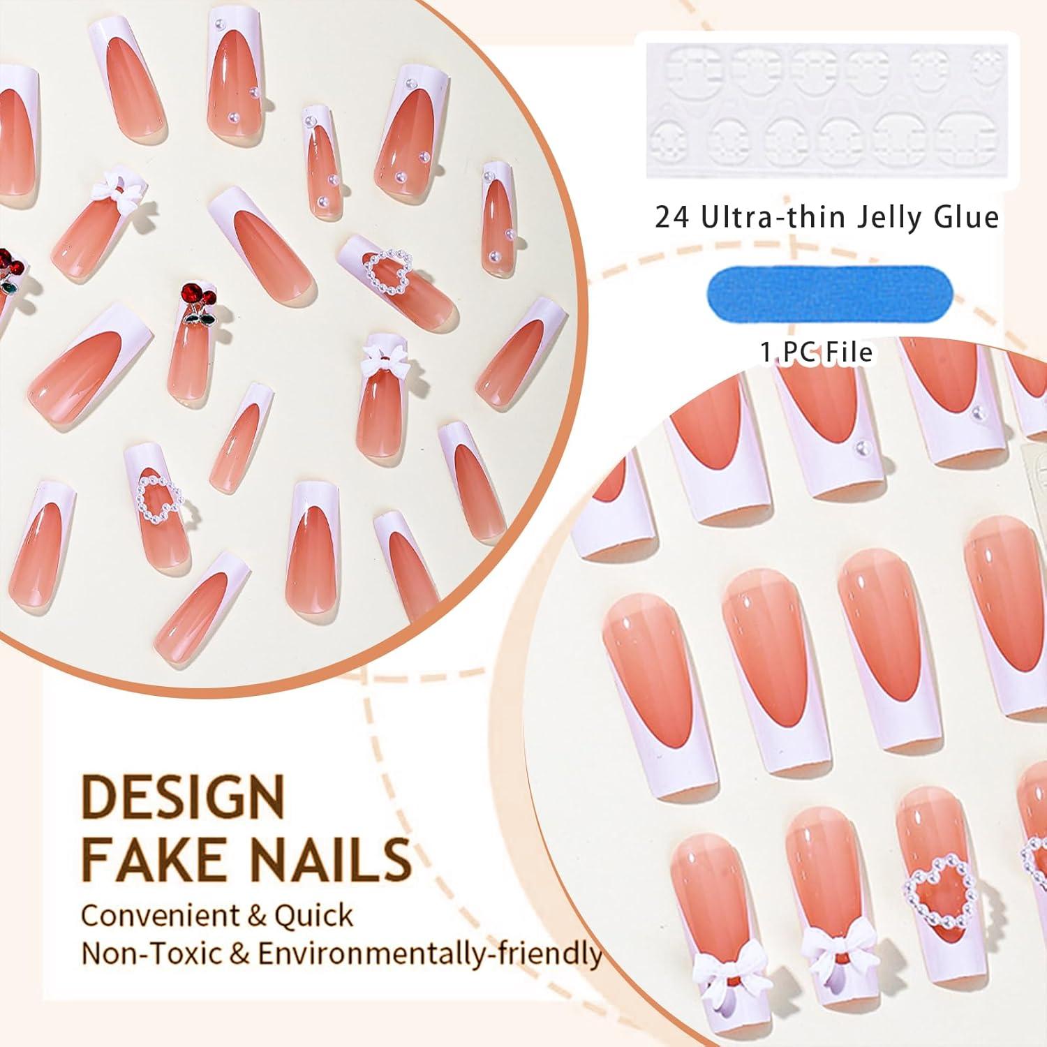 3D Perlen Weiße French Tip Falsche Nägel 24 Stück Gel-Gum Überzug