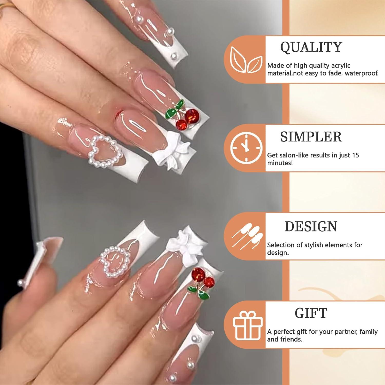 3D Perlen Weiße French Tip Falsche Nägel Extra Lang Glänzend 24Pcs - Selbsthaftende Kirschschleife Nagel-Set