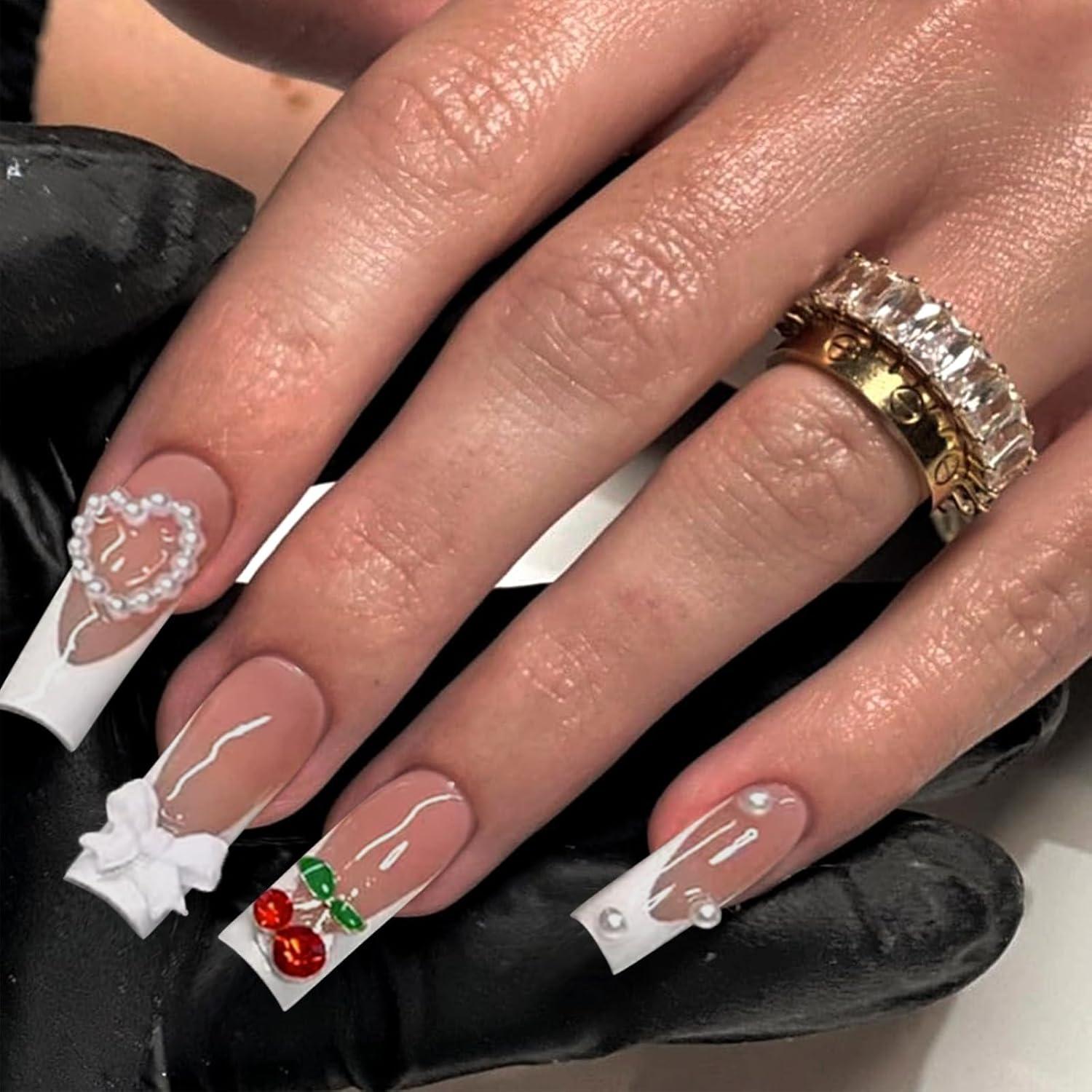 3D Perlen Kirschschleife Falsche Nägel Weiße French Tip Press on Nägel