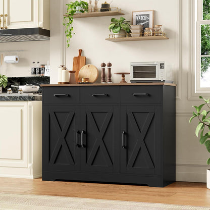 Sideboard Küchenschrank mit 3 Schubladen & 3 Türen – Antik Braun/Schwarz