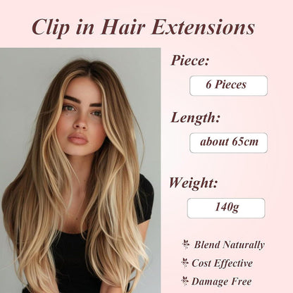 Haarverlängerung Clip-in glatt, 65cm Naturblond & Bleichblond