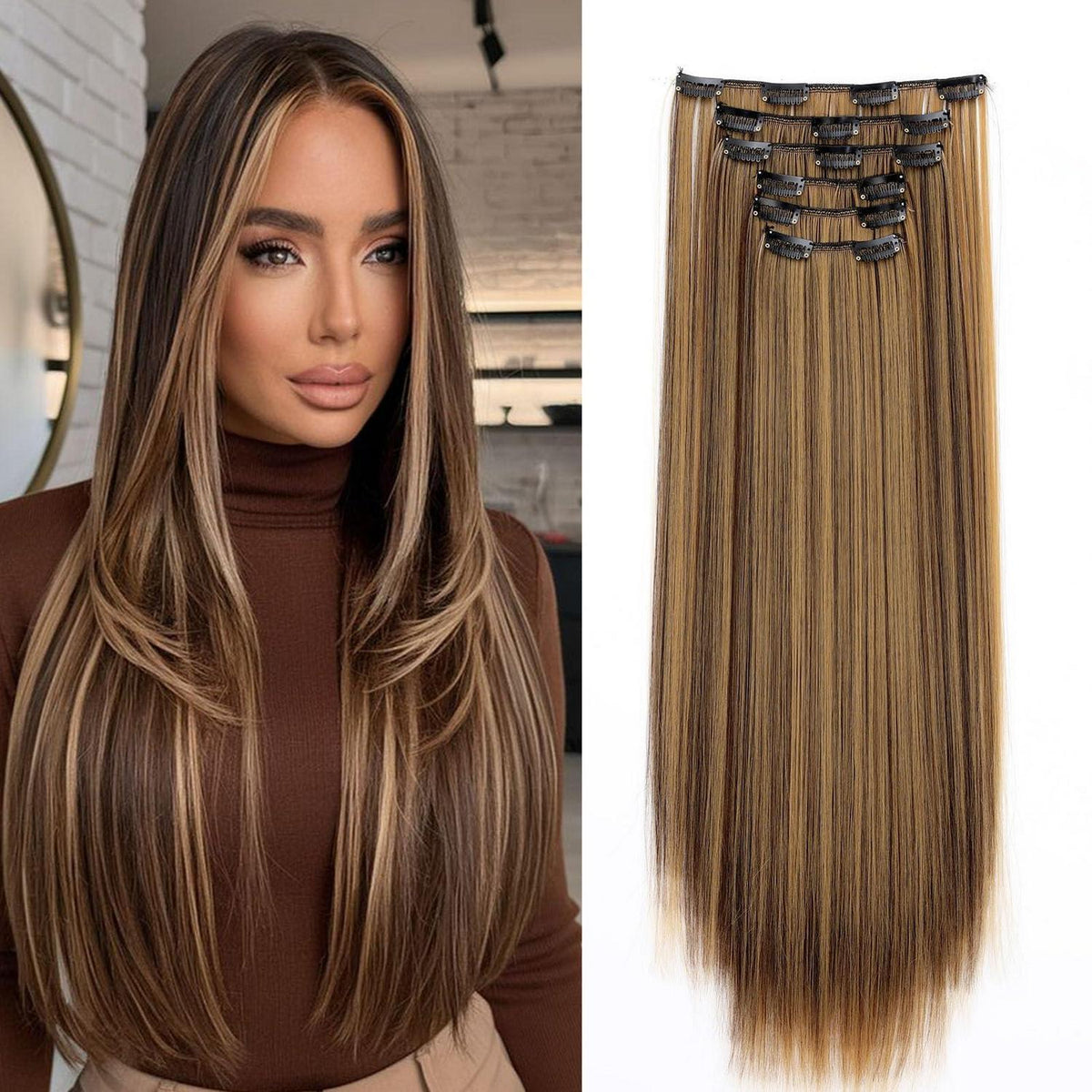 Haarverlängerung Clip-in glatt, 65cm, Mittelbraun & Dunkelblond