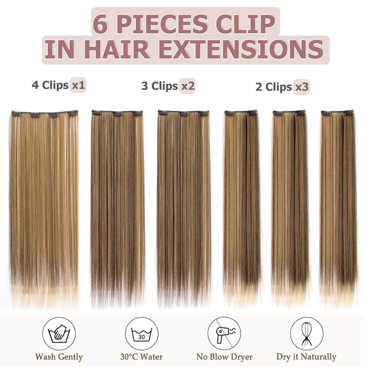 Haarverlängerung Clip-in glatt, 65cm, Mittelbraun & Dunkelblond