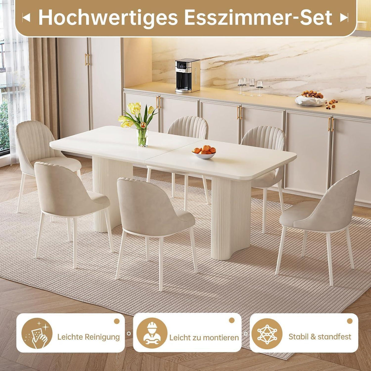 Weißer Esstisch Set mit 6 gepolsterten Stühlen – Modernes Design