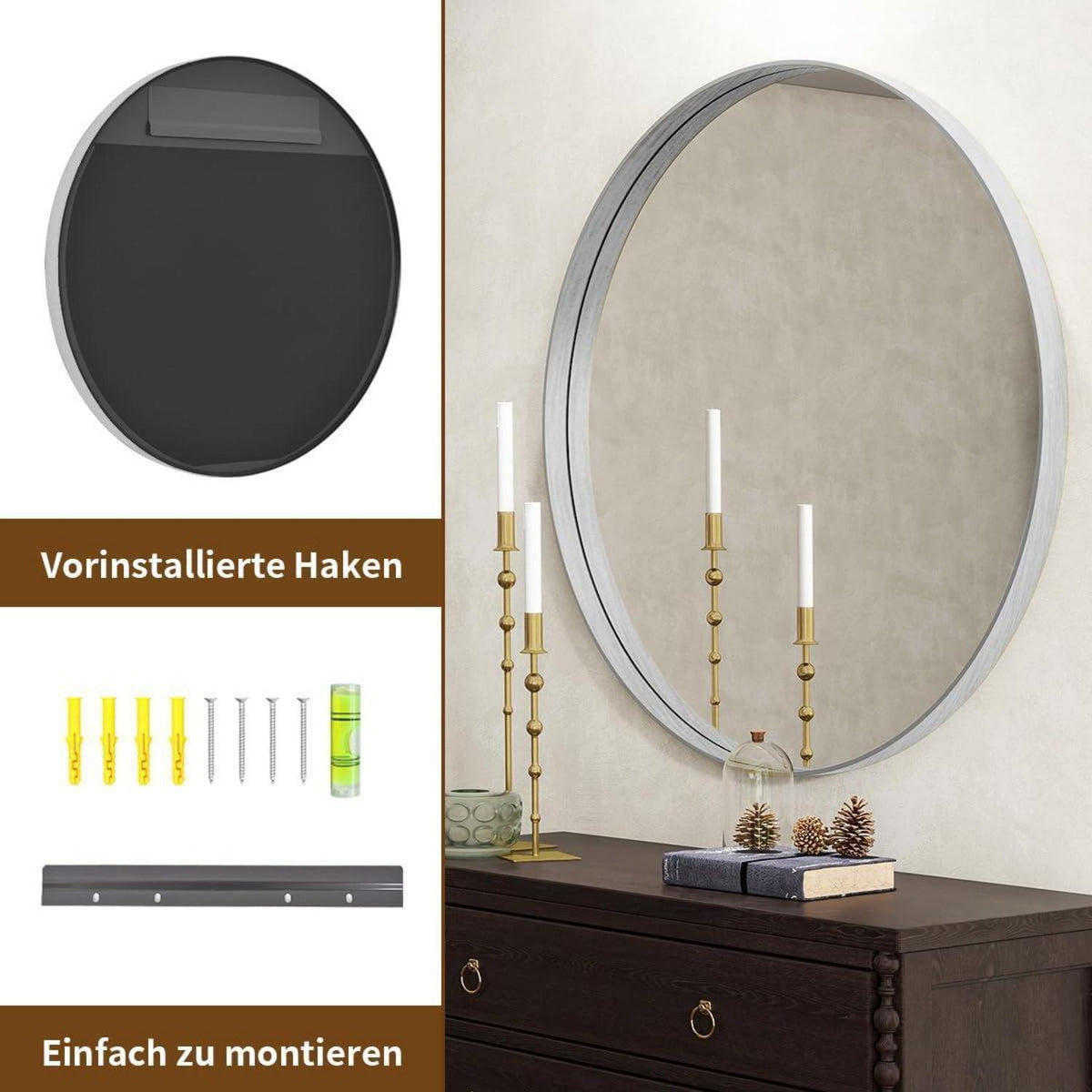 Runder Wandspiegel 120cm mit tiefem Silberrahmen