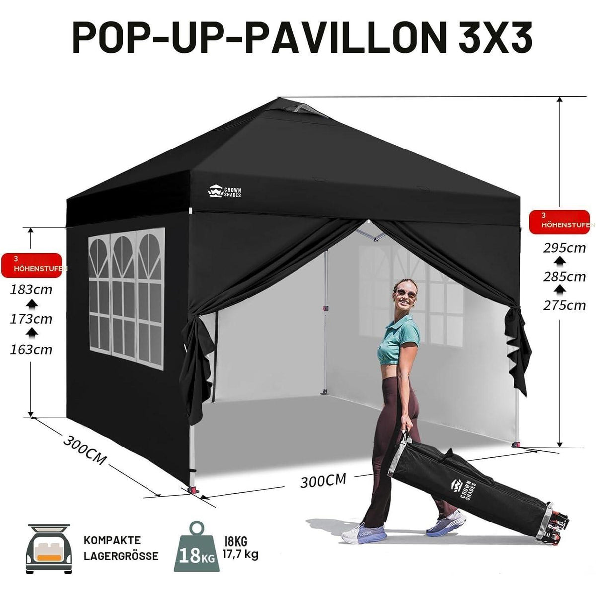 3x3m Faltpavillon wasserdicht mit Seitenwänden & UV-Schutz