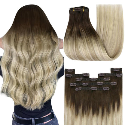 Clip-in Echthaar Extensions Balayage Dunkelbraun Blond 45cm