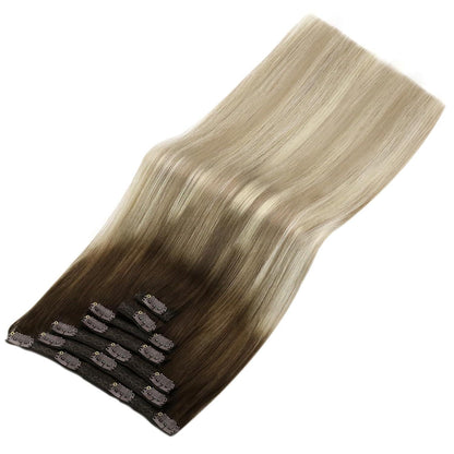 Clip-in Echthaar Extensions Balayage Dunkelbraun Blond 45cm