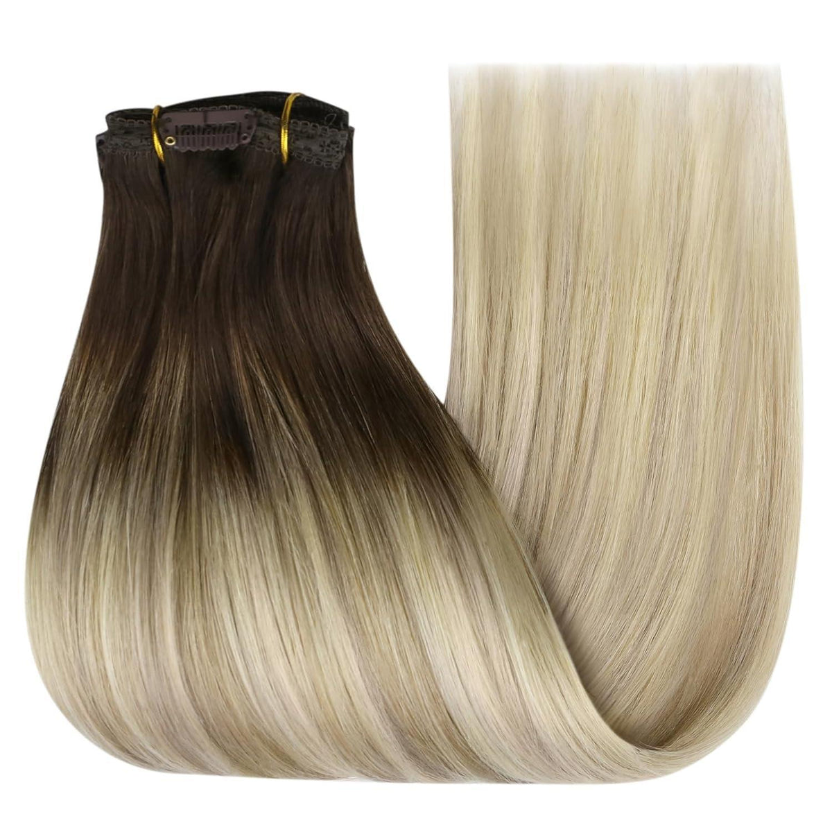Clip-in Echthaar Extensions Balayage Dunkelbraun Blond 45cm