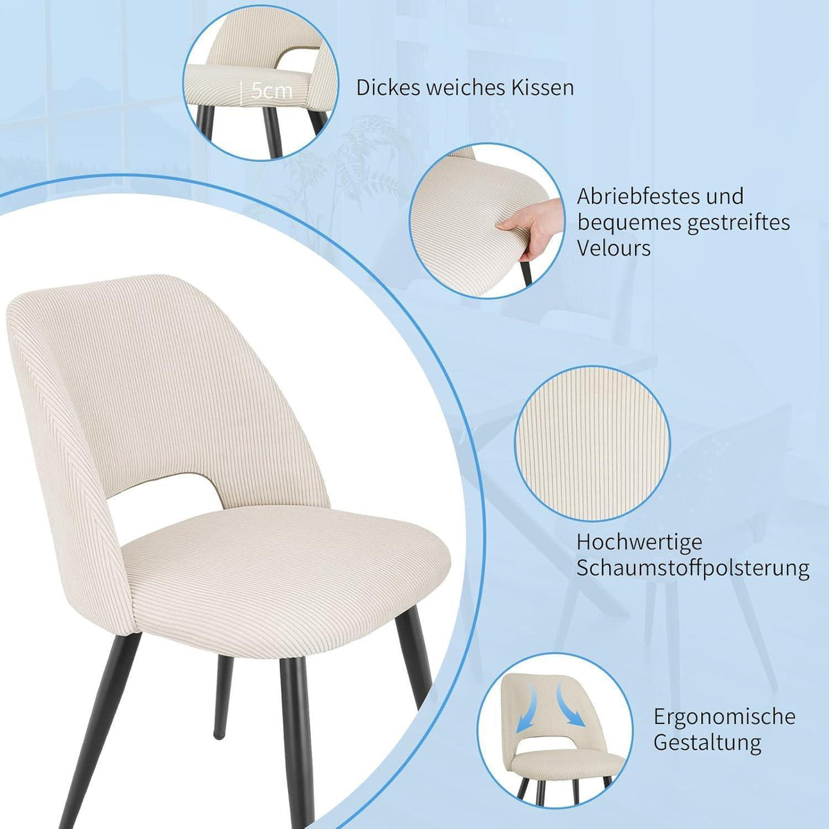 Esszimmerstühle 2er Set, Samt, Beige – Modern & Komfortabel