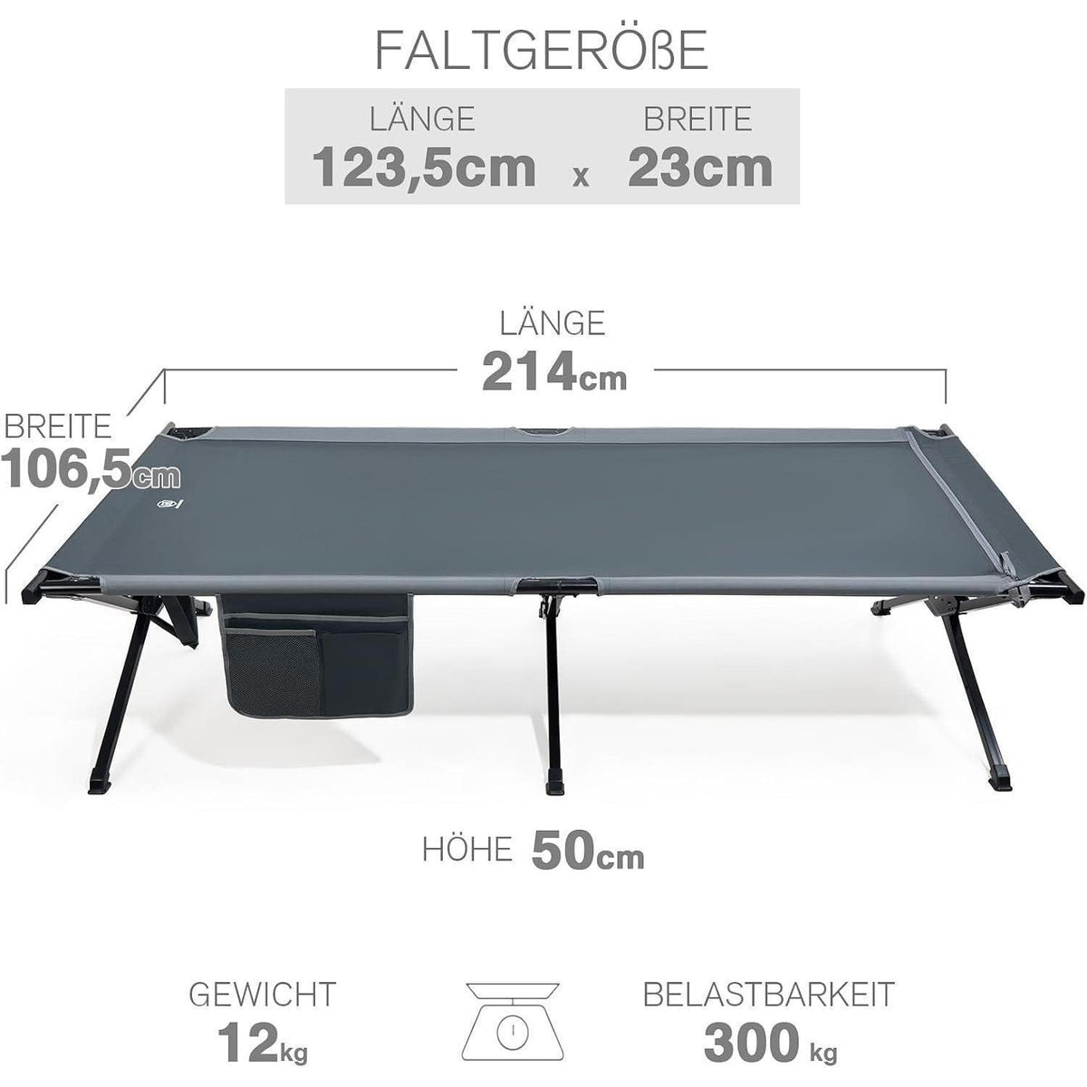 XXL Feldbett 214cm extra breit, 300kg belastbar, grau
