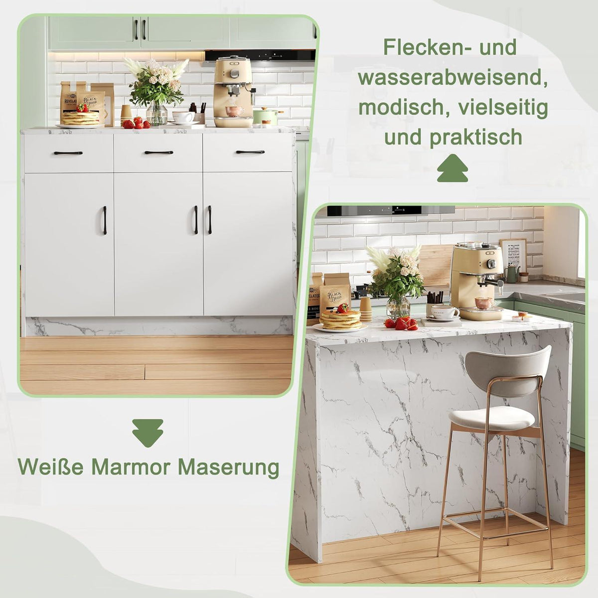 Große Kücheninsel Weiß Marmor Optik mit Stauraum & Barbereich