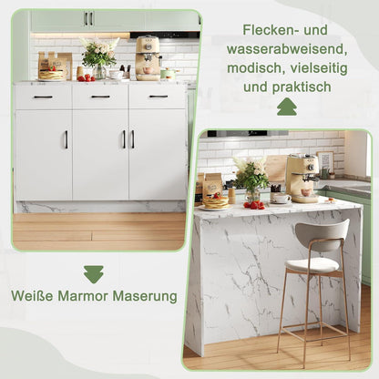 Große Kücheninsel Weiß Marmor Optik mit Stauraum & Barbereich