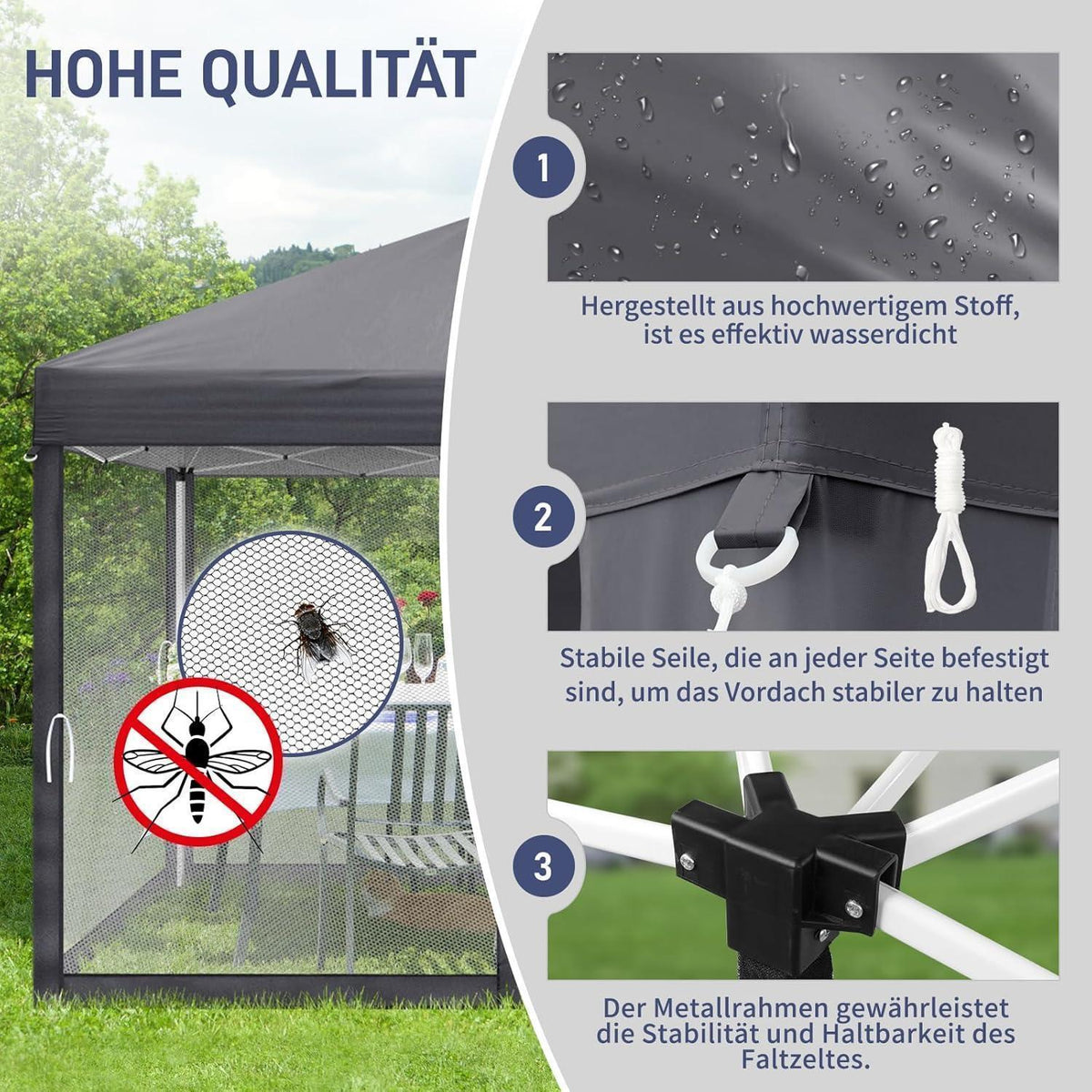Faltpavillon 3x3 mit Moskitonetz & UV-Schutz – Anthrazit
