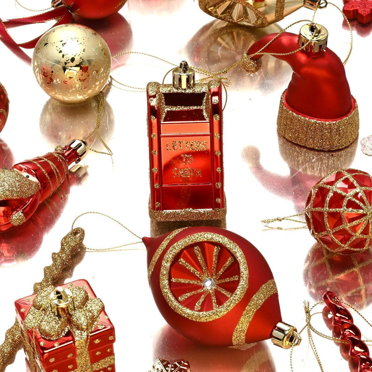 100 Weihnachtskugeln Rot Gold Bruchfest mit Geschenkpaket