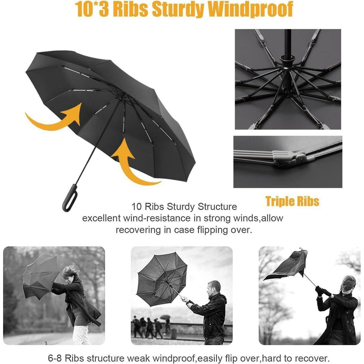 Großer Regenschirm 106cm, Sturmfest, Automatik, UV Schutz, Karabinergriff