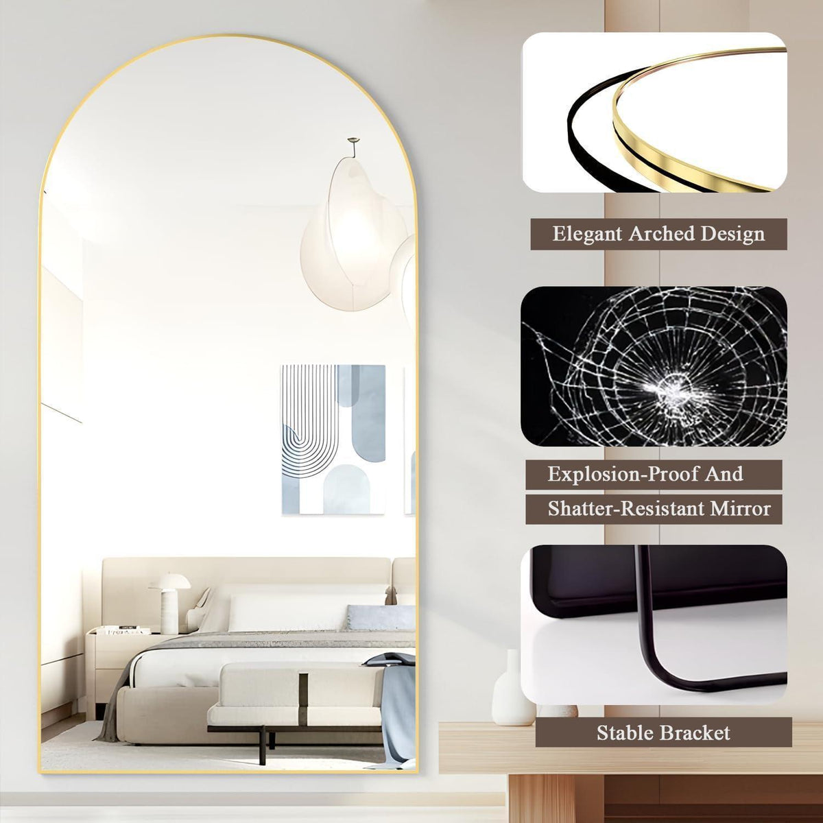 Gewölbter Standspiegel 180x80 cm Gold – Kratzfest & Bruchsicher