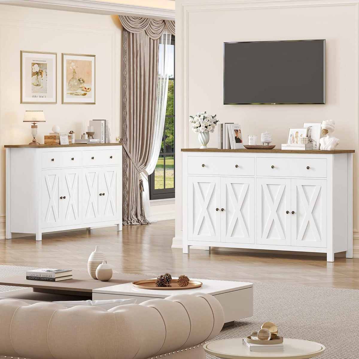 Weißes Sideboard 140cm | Küchenschrank mit Arbeitsplatte & Schubladen