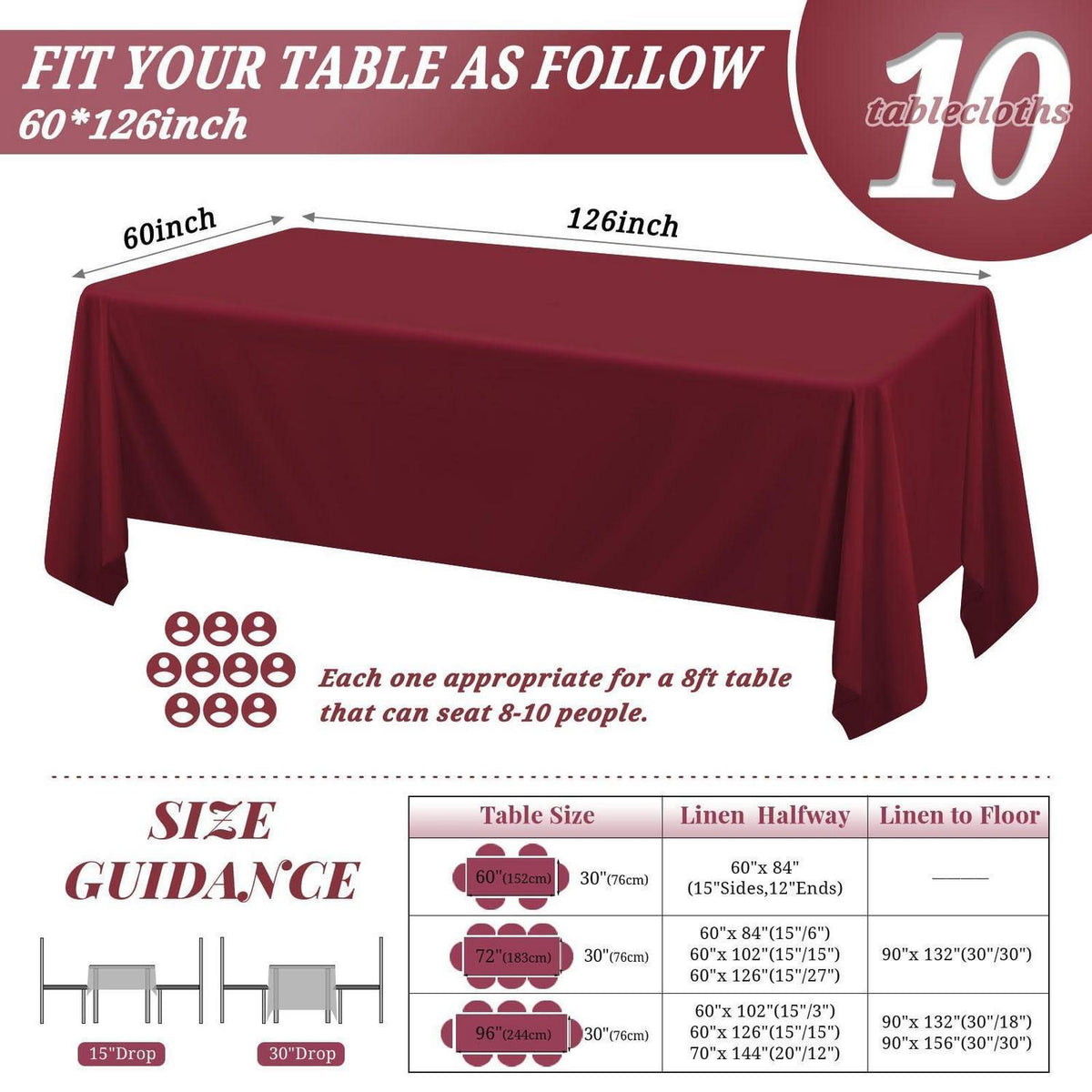 Rechteckige Tischdecke Burgunderrot 152x320cm - 10er Pack
