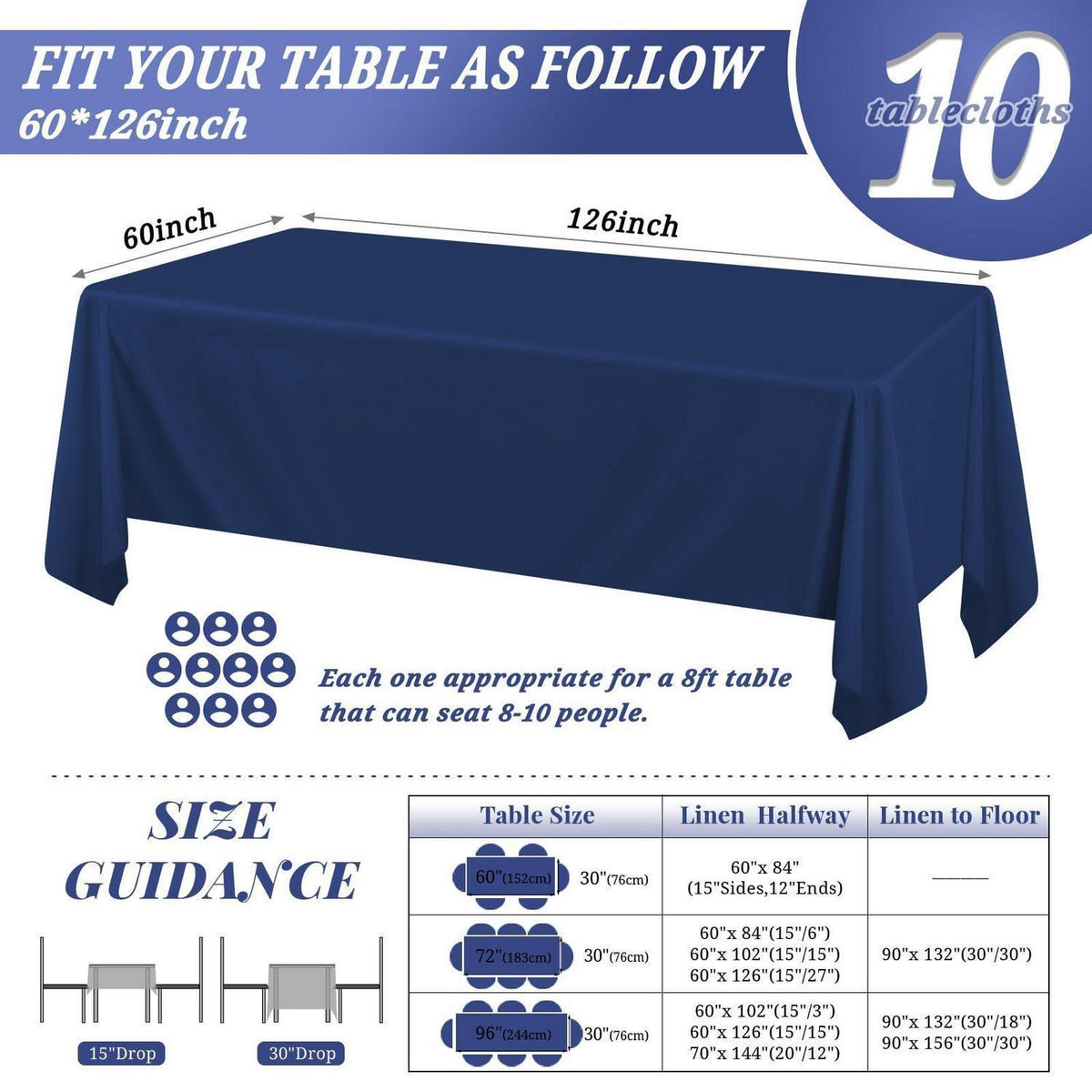 10er-Pack Marineblaue Tischdecken 60x126 Zoll – Rechteckig & Waschbar