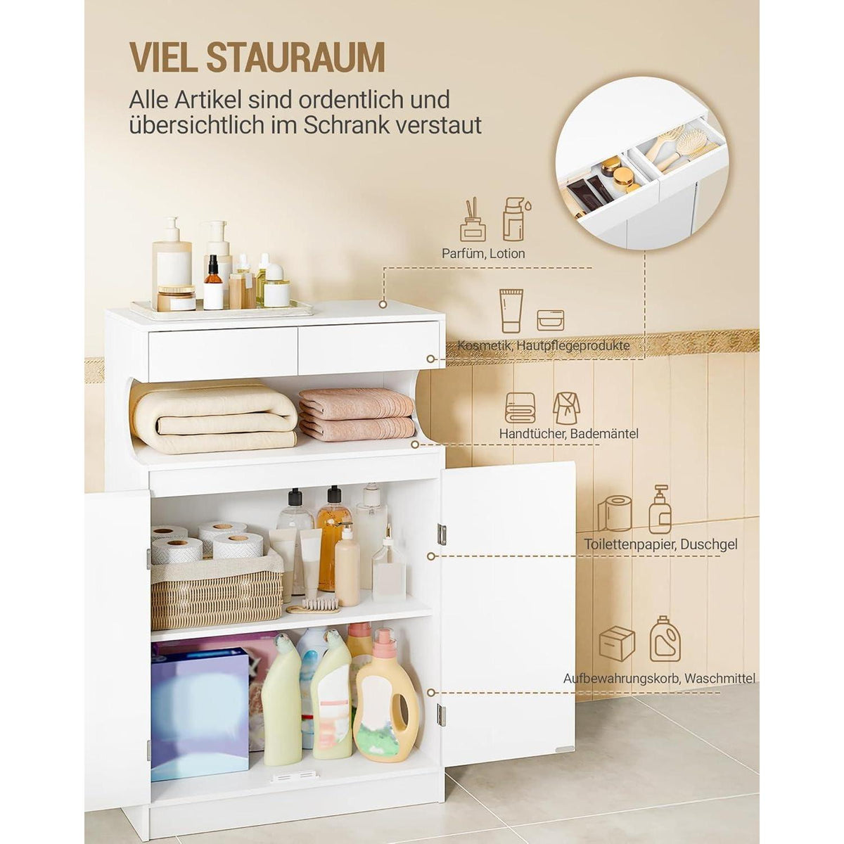 Badezimmerschrank mit 2 Schubladen & 2 Türen – Weiß