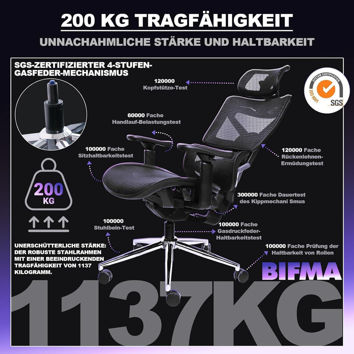 Bürostuhl 200KG Ergonomisch Selbstanpassende Rückenstütze 4D+Armlehnen