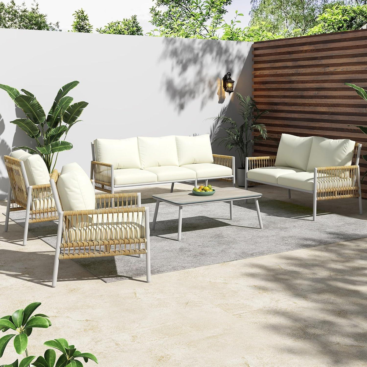 Gegtuon 7 Personen Rattan Gartenmöbel Lounge Set Beige