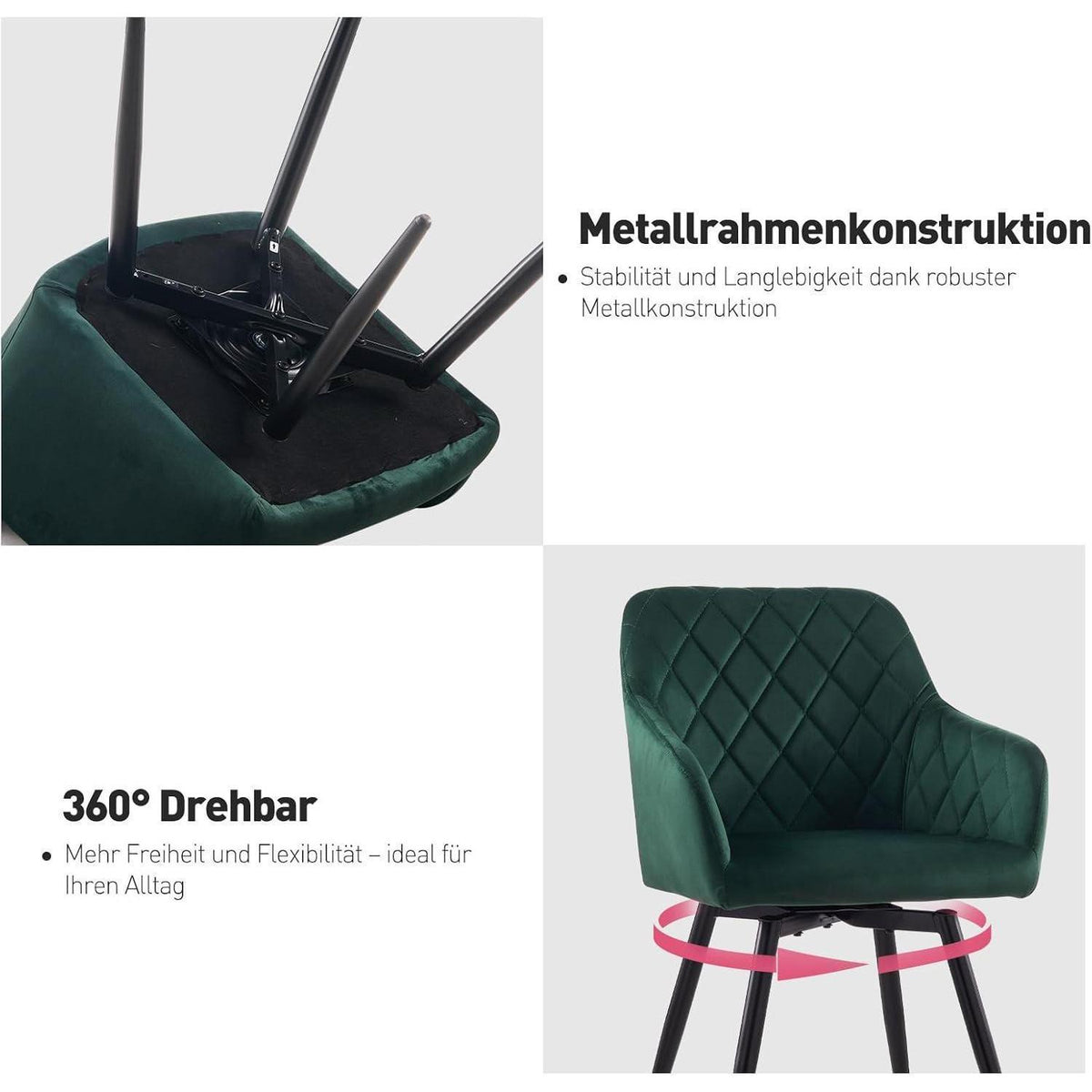 Drehbarer Samt Esszimmerstuhl mit Armlehnen - 4er Set Grün