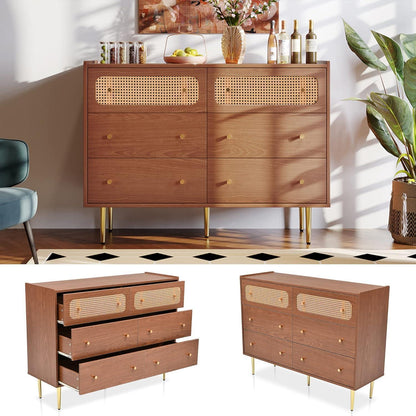 Rattankommode mit 6 Schubladen | Schlafzimmer & Wohnzimmer | 120x40x90 cm Nussbaum
