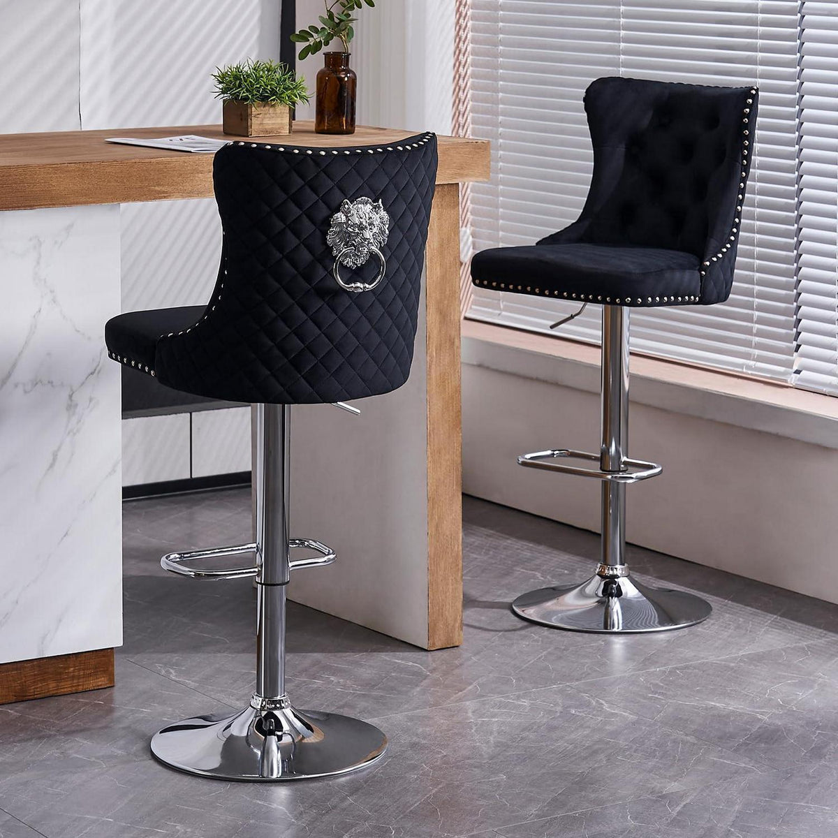 Samt Barhocker 2er Set – Höhenverstellbar & Drehbar Schwarz