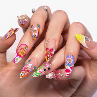 Tropische Blumen Press-on Nägel, 3D Charme, Handgemacht