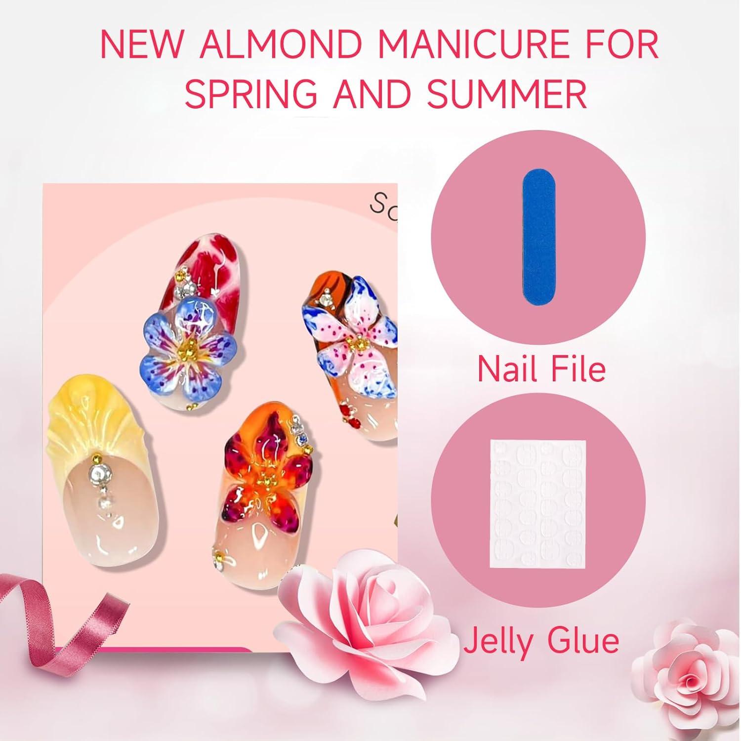 Tropische Blumen 3D Press on Nägel 24er Set Medium Almond
