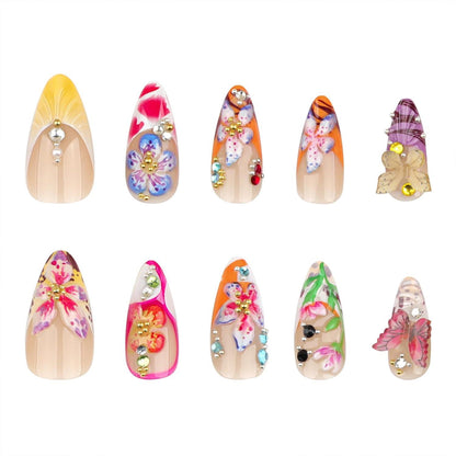 3D Tropische Blumen Press On Nails Medium Almond - Glänzende